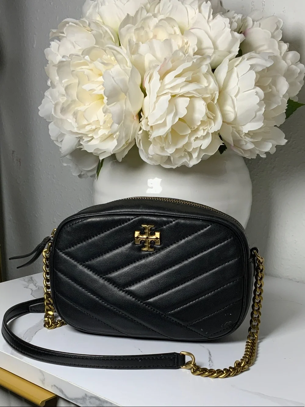 Tory Burch Black Quilted Leather Camera Crossbody with Gold Hardware